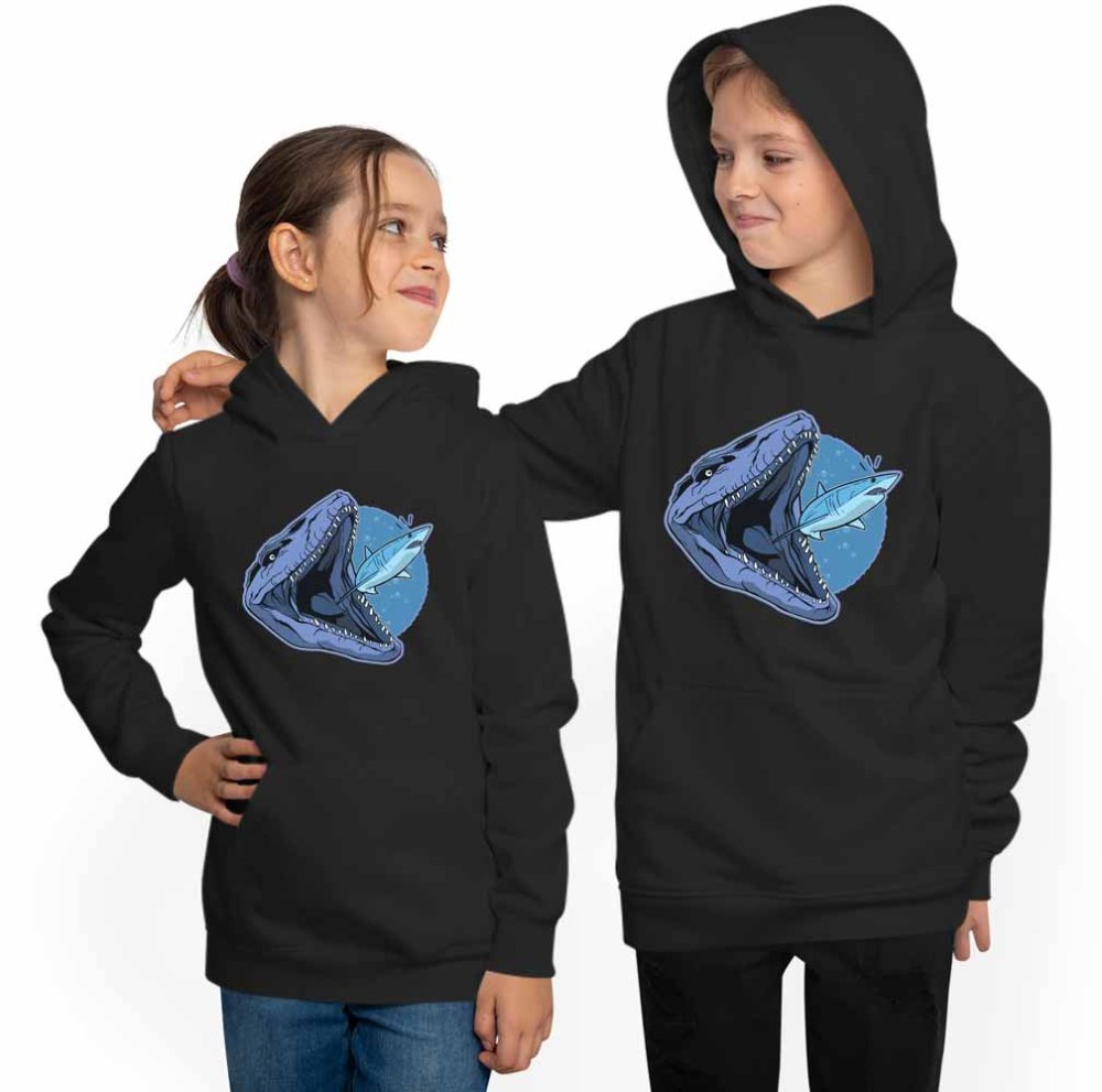 Kids Hooded Sweatshirt Hoodie - Mosasaurus Eating a Shark i47